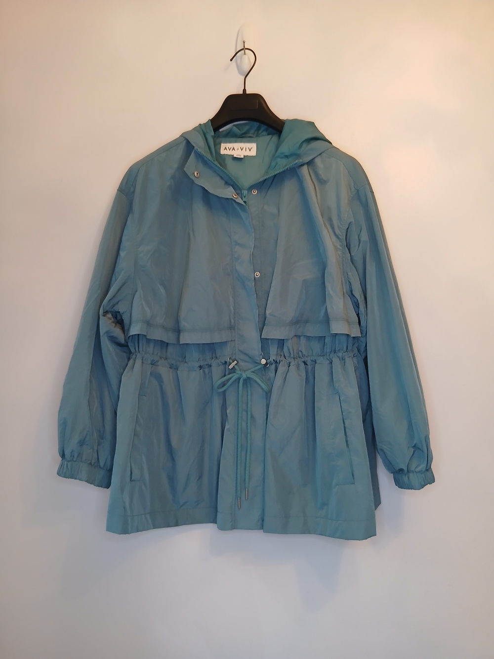 Ava & Viv Dusty Blue Hooded Utility Rain Jacket, Sz 1x